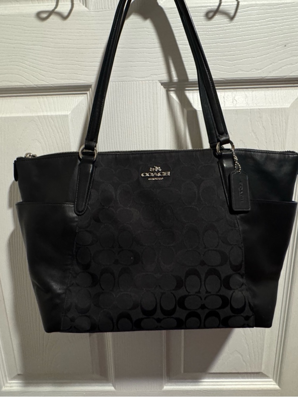Coach Black Signature Tote with Leather Trim